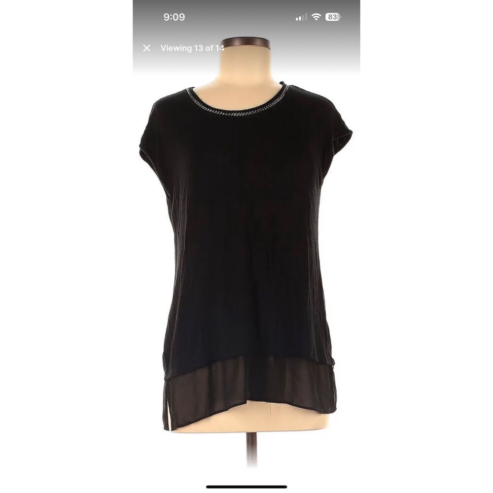 Rose & olive black top with silver. Chain detail along the entire collar sheer t